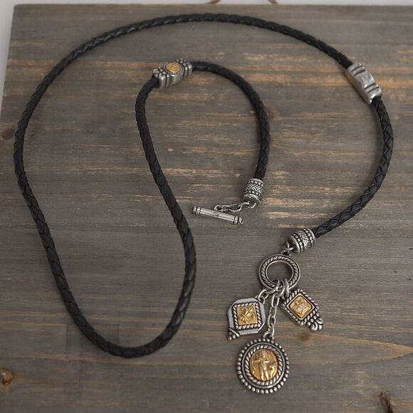Brighton Braided Cord Necklace Black Leather Front Toggle Gold Silver Vintage